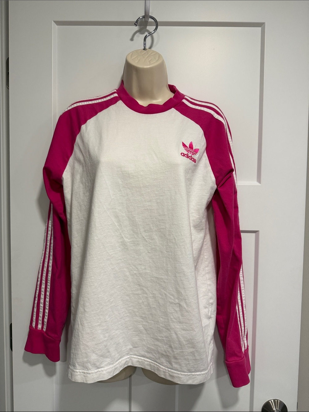 Adidas Trefoil 3-Stripes Pink White Long Sleeve Raglan Top Y2K Sporty